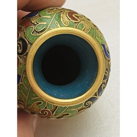 VTG Antique Chinese Cloisonne Enamel Brass Bud Vase Miniature 3” Floral Lotus - Picture 10 of 12